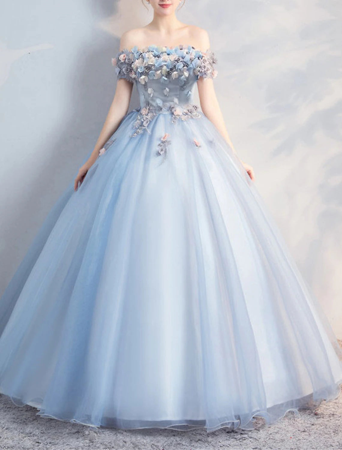 Ball Gown Prom Dresses Floral Dress Quinceanera Prom Floor Length Short Sleeve Off Shoulder Polyester with Appliques Pure Color